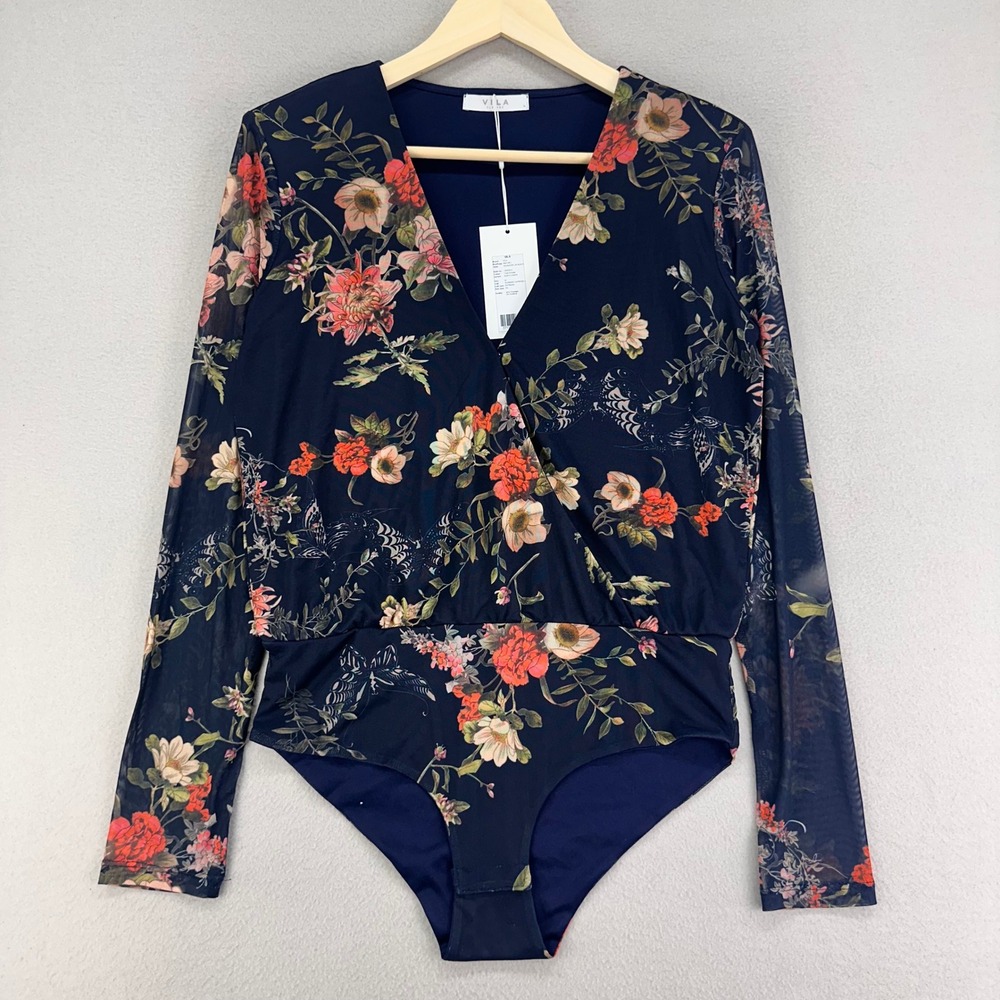 VILA Bodysuit Womens‎ M Floral Long Sleeve Blue NWT Vidancer Feminine